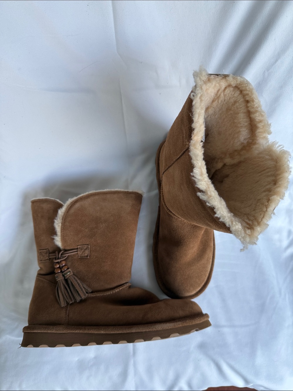 BearPaw Women's Brown Suede Shearling Tassel Winter Boots, Size 9